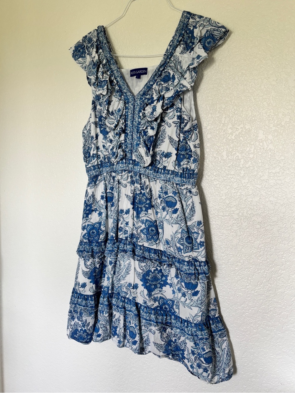Ro’s Garden Women’s 100% Cotton Mini Blue Floral Ruffle Dress